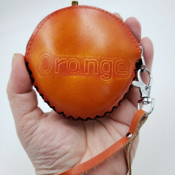 ORANGE FRUIT Pendant Jewelry Pouch Handmade Leather Whimsy Gift Zip Coin Purse - Picture 2 of 13